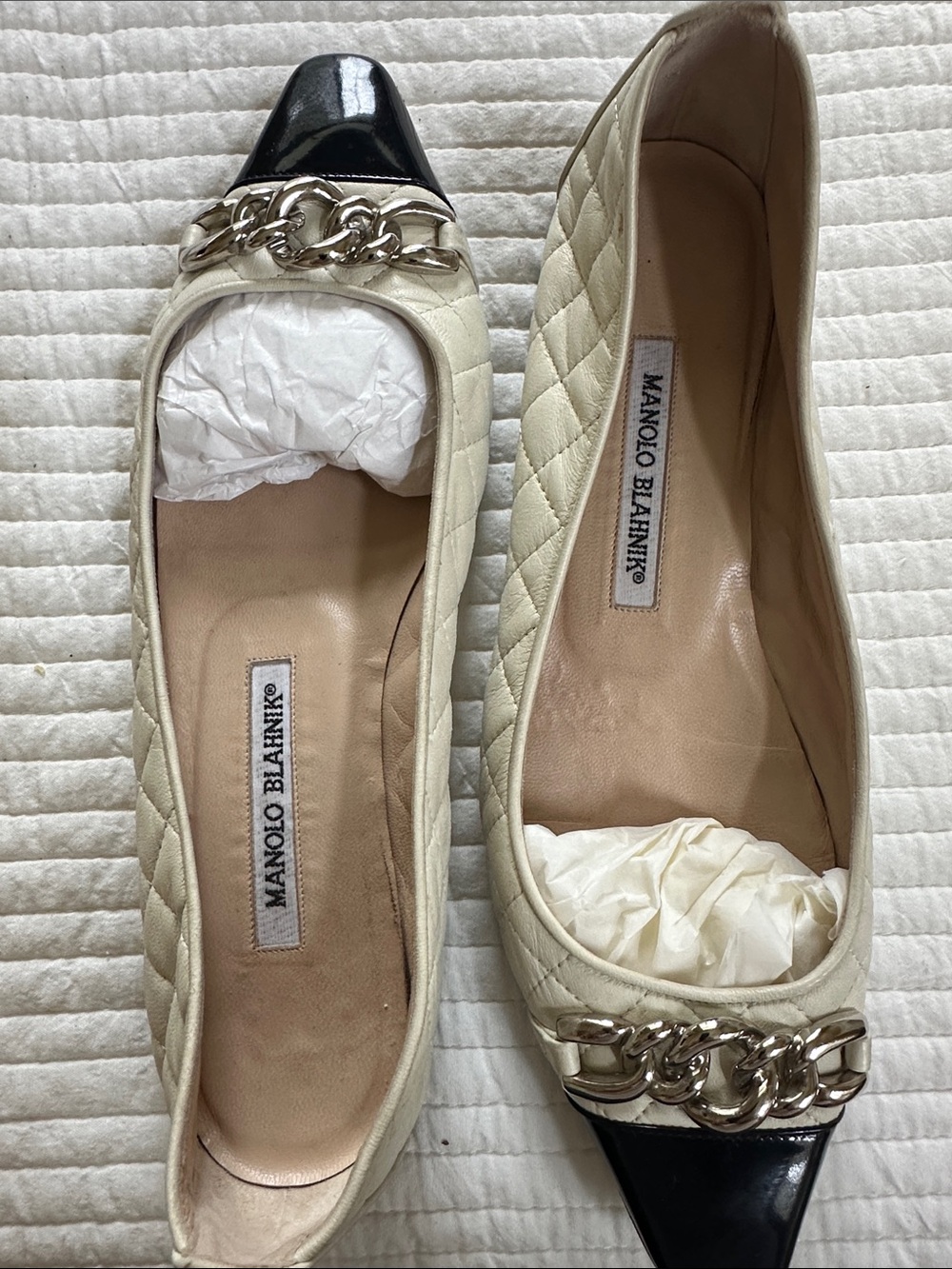 Manolo Blahnik Cream Quilted Flats with Navy Patent Cap Toe and Silver Chain, 38
